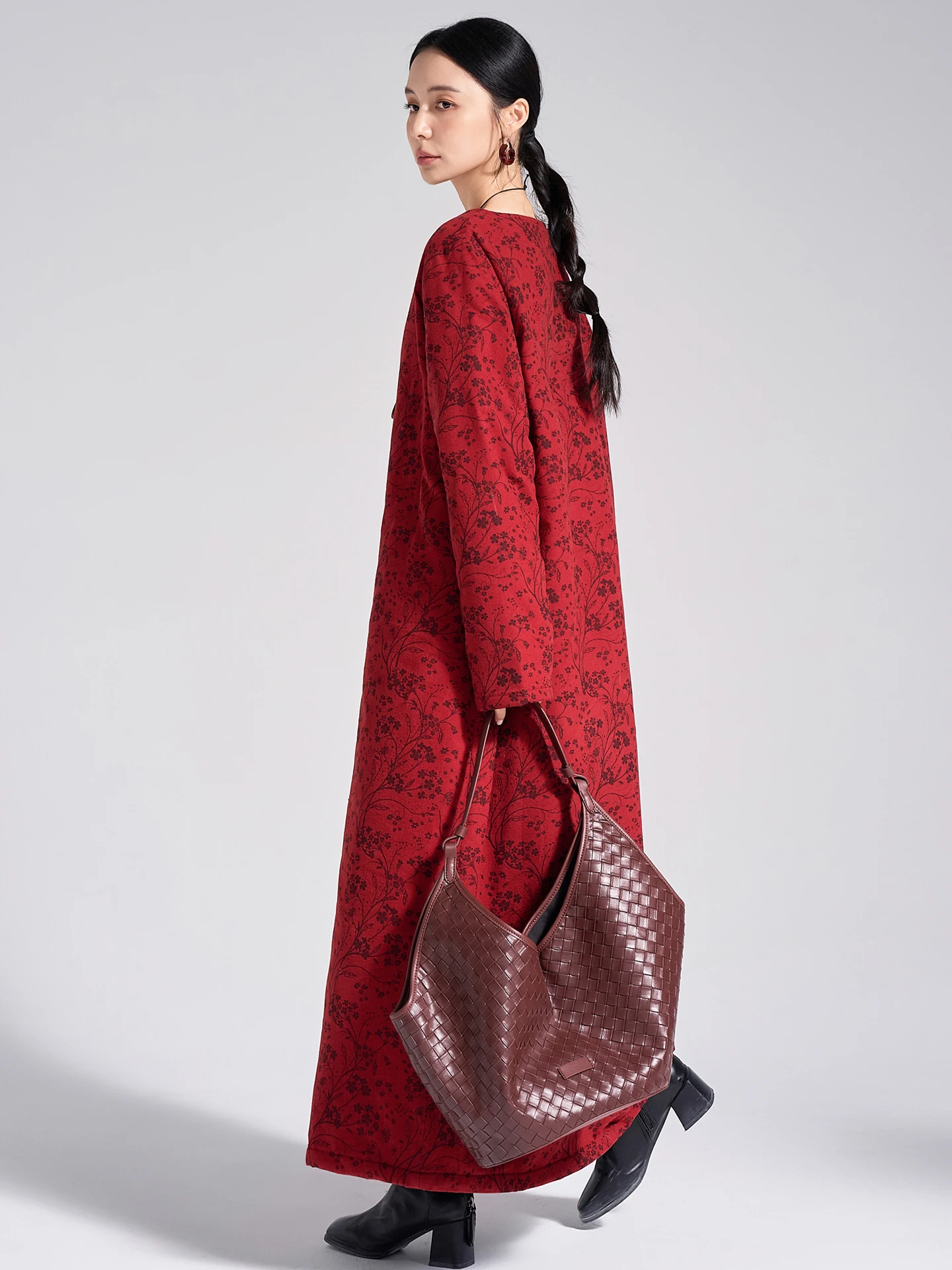 Ele Red Cotton Print Thiened Long Sve Dr Robe Loose Fit Autumn Winter Faion Chinese Sle Women's Dr