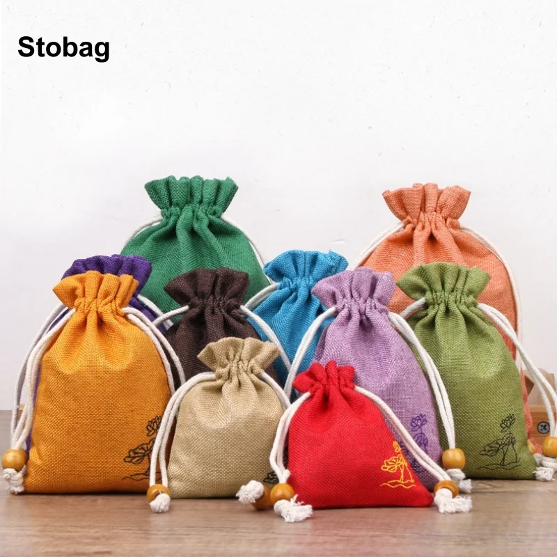 StoBag 50pcs Wholesale Small Linen Cotton Drawstring Bag Sachet Gift Jewelry Package Storage Bundle Pocket Reusable Pouches