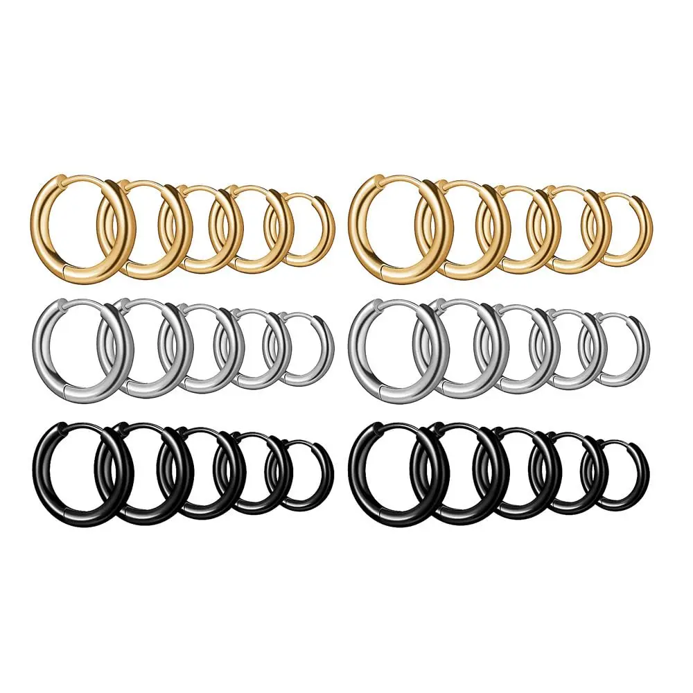 5/15 Pairs Stainless Steel Circle Hoop Earrings Women Men Black Golden Silvery Color Round Geometry Cartilage Earrings Jewelry