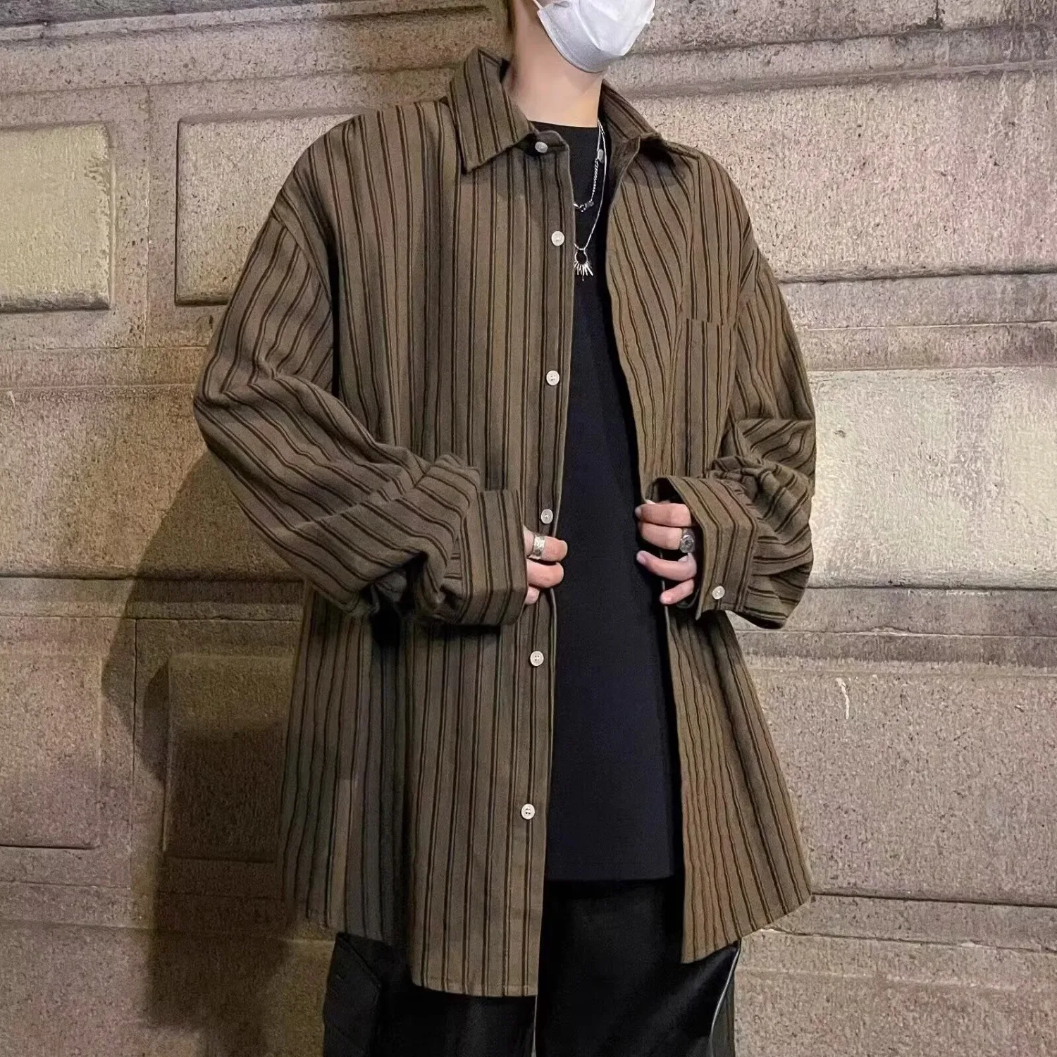 

Осенне-зимняя мужская повседневная свободная куртка в полоску большого размера в корейском стиле, молодежная верхняя одежда для отдыха, из полиэфирного волокна, с длинными рукавами