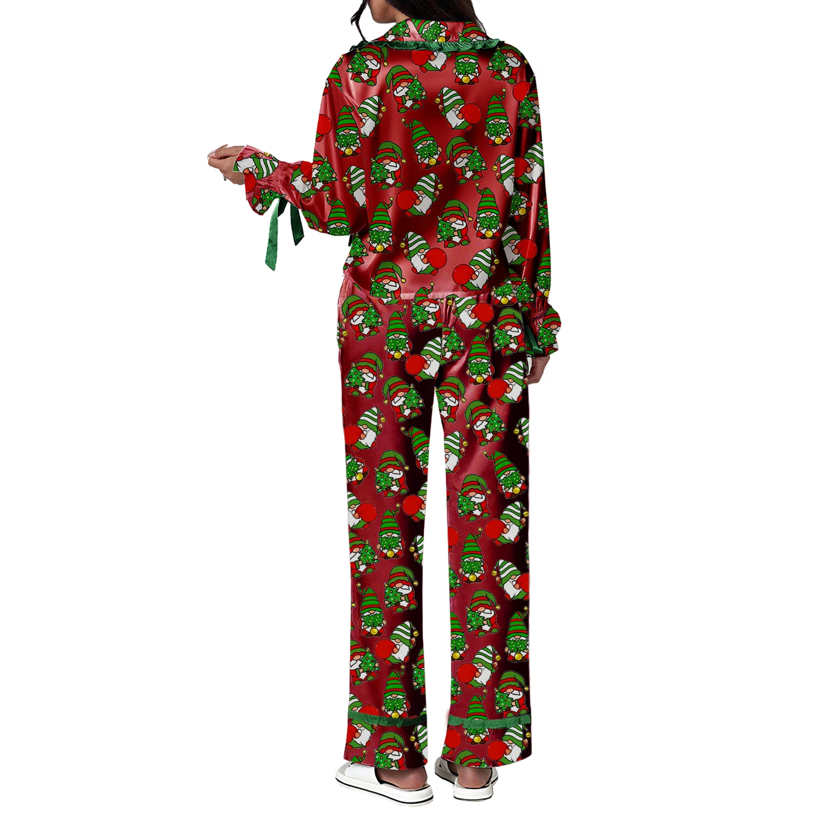 Setelan Piyama Wanita Natal Modis Kerah V Lengan Panjang Atasan Bermotif dengan Celana 2Pcs Pakaian Tidur Lembut