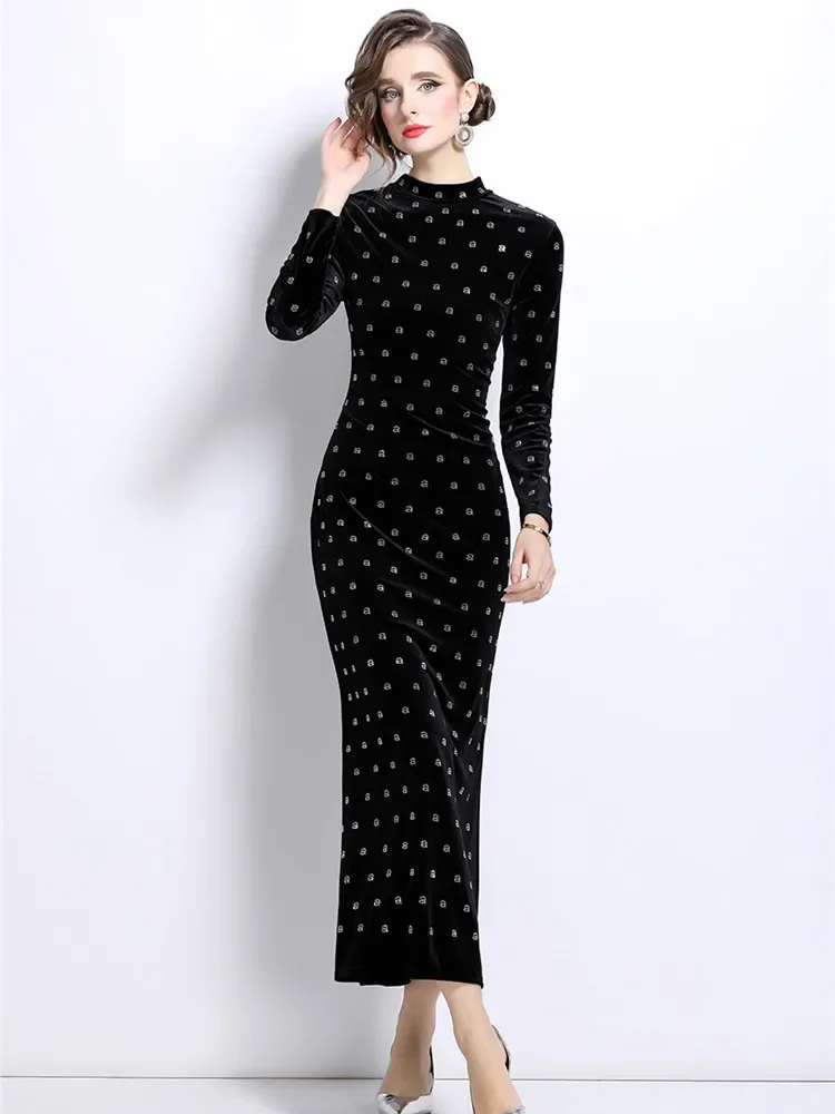 New Fashion Luxury Fashion Letter Rhinestone Velvet Dresses Women's Long Sleeve Sexy Bodycon Mermaid Dress For Formal Occasions