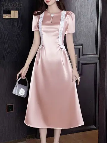 ZANZEA ग्रीष्मकालीन पार्टी ड्रेस महिलाओं साटन रेशम लंबी Sundress 2025 फैशन लघु आस्तीन सुरुचिपूर्ण कमर फीता शाम मिडी Vestidos 10 best sales साटन लंबी पोशाक - №4