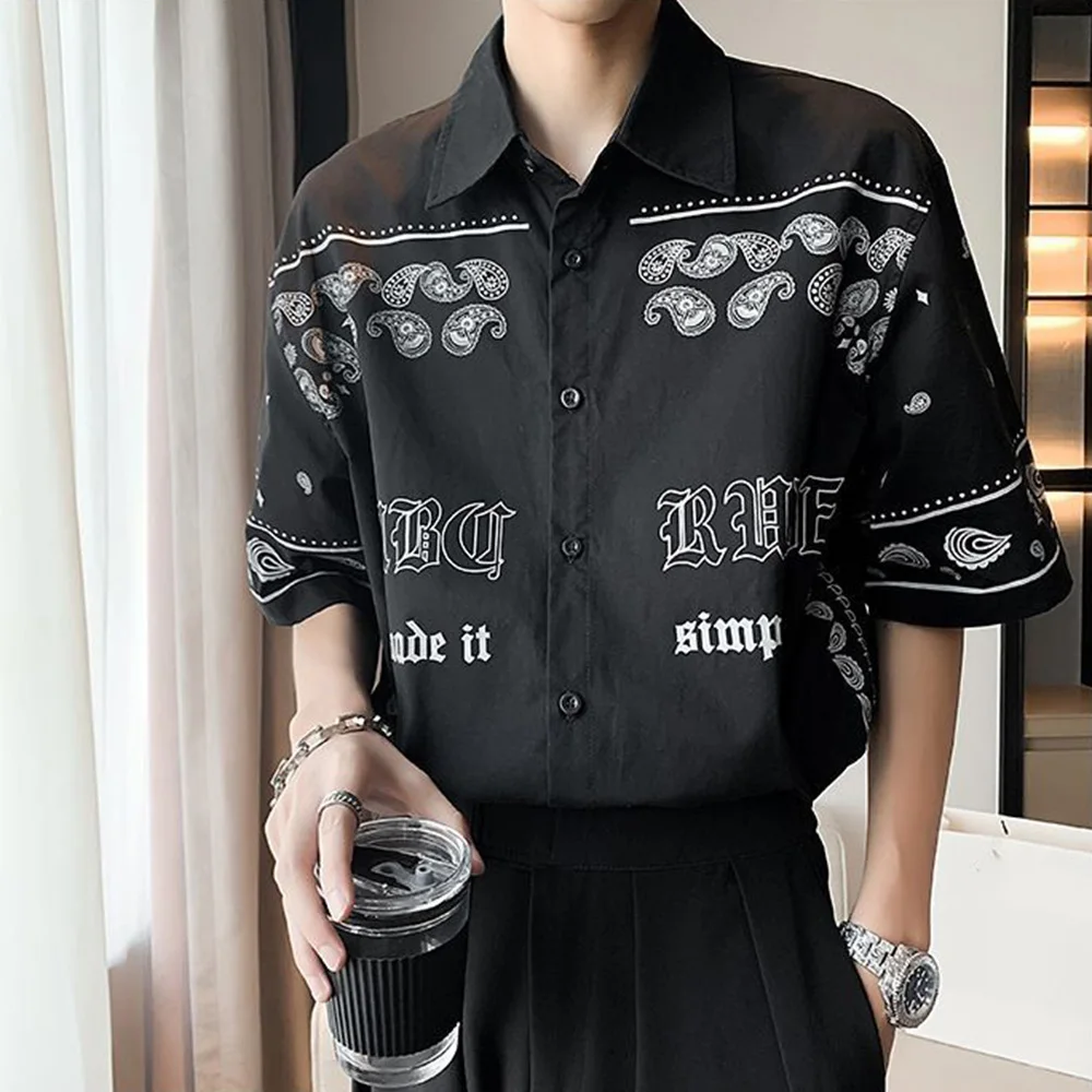 

Mens Short Sleeve Black Shirts Unique Vantage Patterns Print Shirts Chic Loose Casual Trendy Youthful Versatile Tops Summer 2024