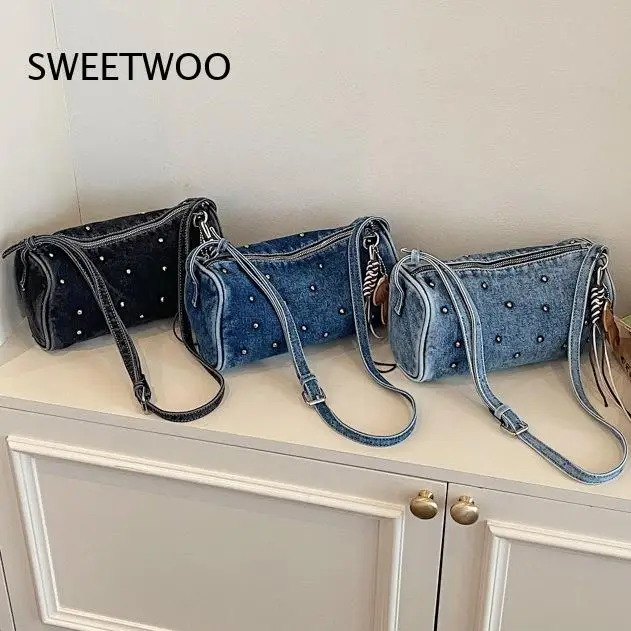 Vintage Rivet Denim Cylinder Underarm Crossbody Bag Detachable Doll Charm Adjustable Strap Street Daily Small Shoulder Purse