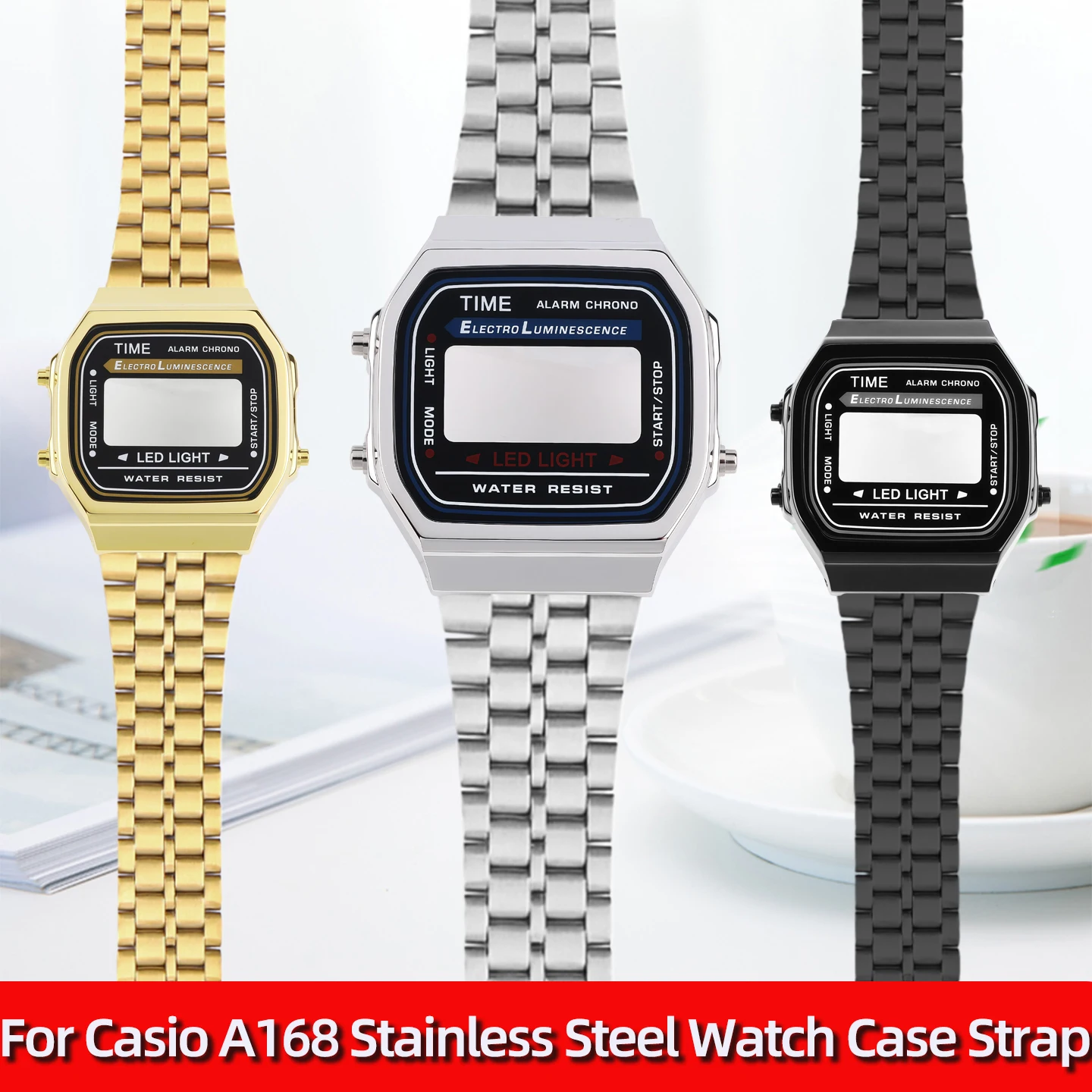 For Casio Small Square A168 Stainless Steel Watch Case Strap Upgrade Modify A168WG Metal Case Bracelet Watch Chain Gold Black