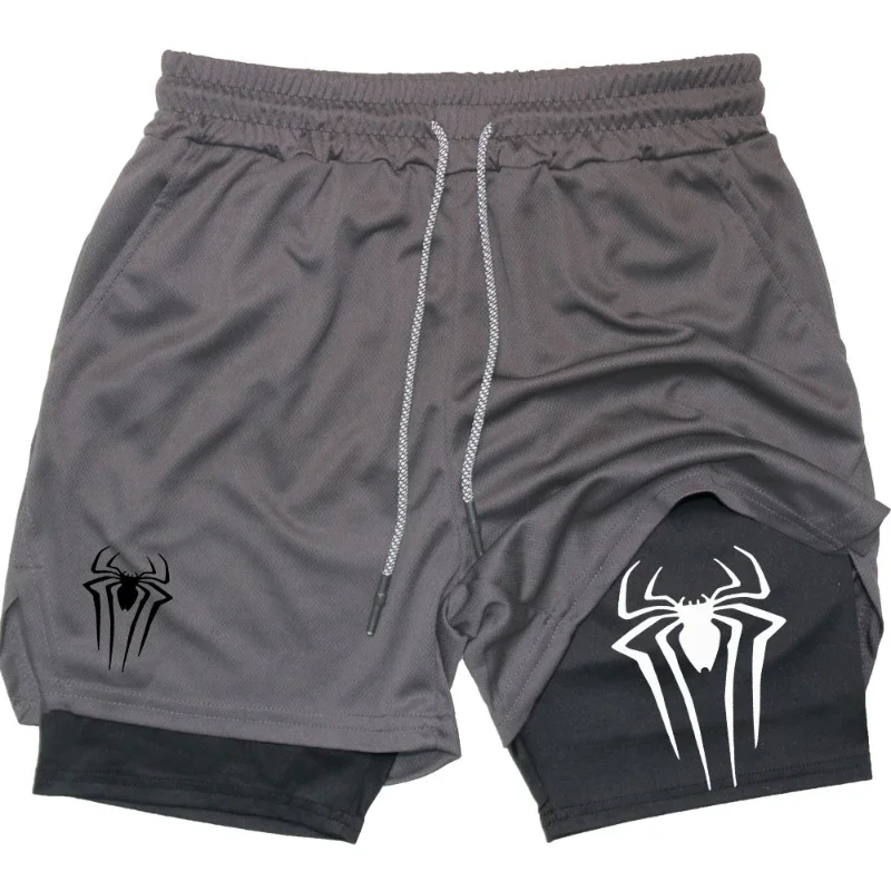 Men\'s spider print gym casual sports compression shorts run mesh 2-in-1 sports shorts  shorts for men  basketball shorts