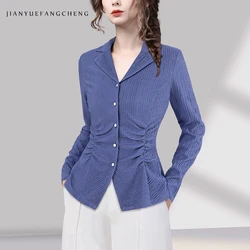 Womens Long Sleeve Stretchy Blue Knitted Shirt Work Wear Button-down Tops Elegant Skinny Fall Winter New Office Blouses