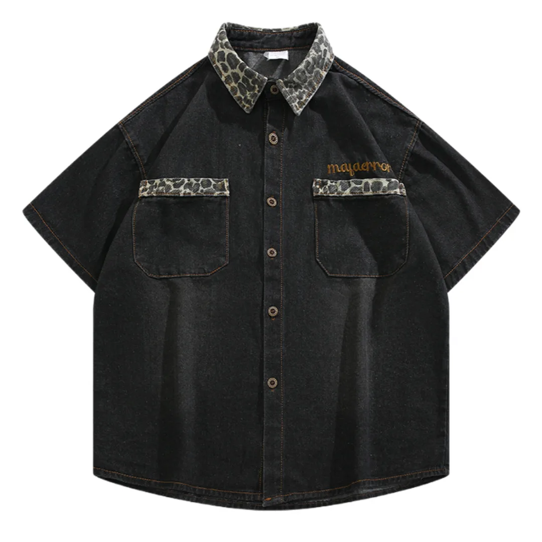 

Джинсовые рубашки унисекс, мужские и женские джинсовые рубашки с короткими рукавами, куртка в стиле ретро, уникальная верхняя одежда с леопардовым принтом