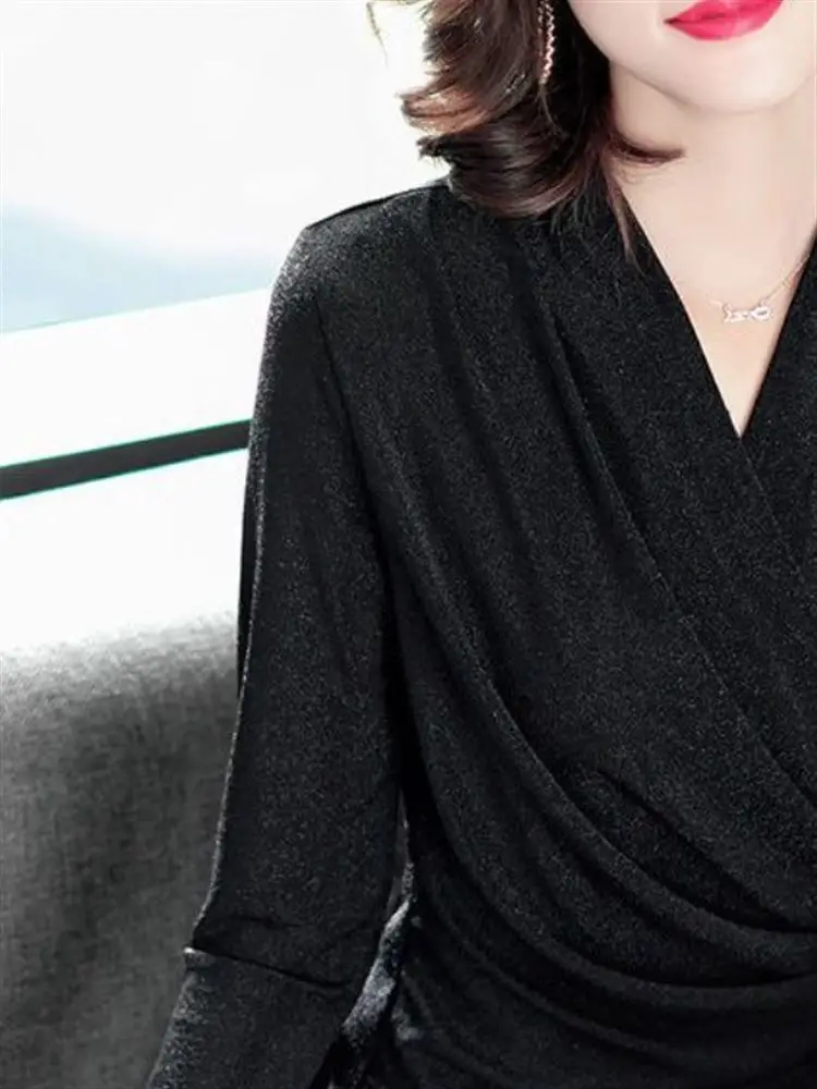 Spring Autumn Women's Cross V-ne Long Sve T-irt Slimming Waist Faionable Versatile Cover Belly Trendy Mom Outerwear