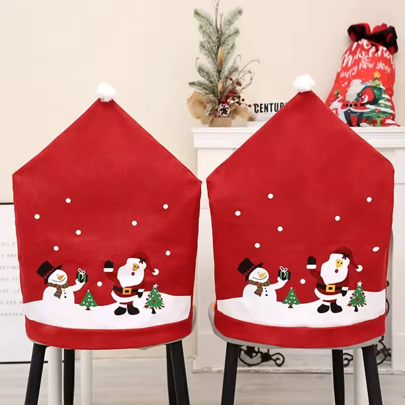 4PCS Christmas Non-Woven Fabric Chair Cover Cartoon Old Man Snowman Stool Cover Big hat Christmas Atmosphere Family Gathering
