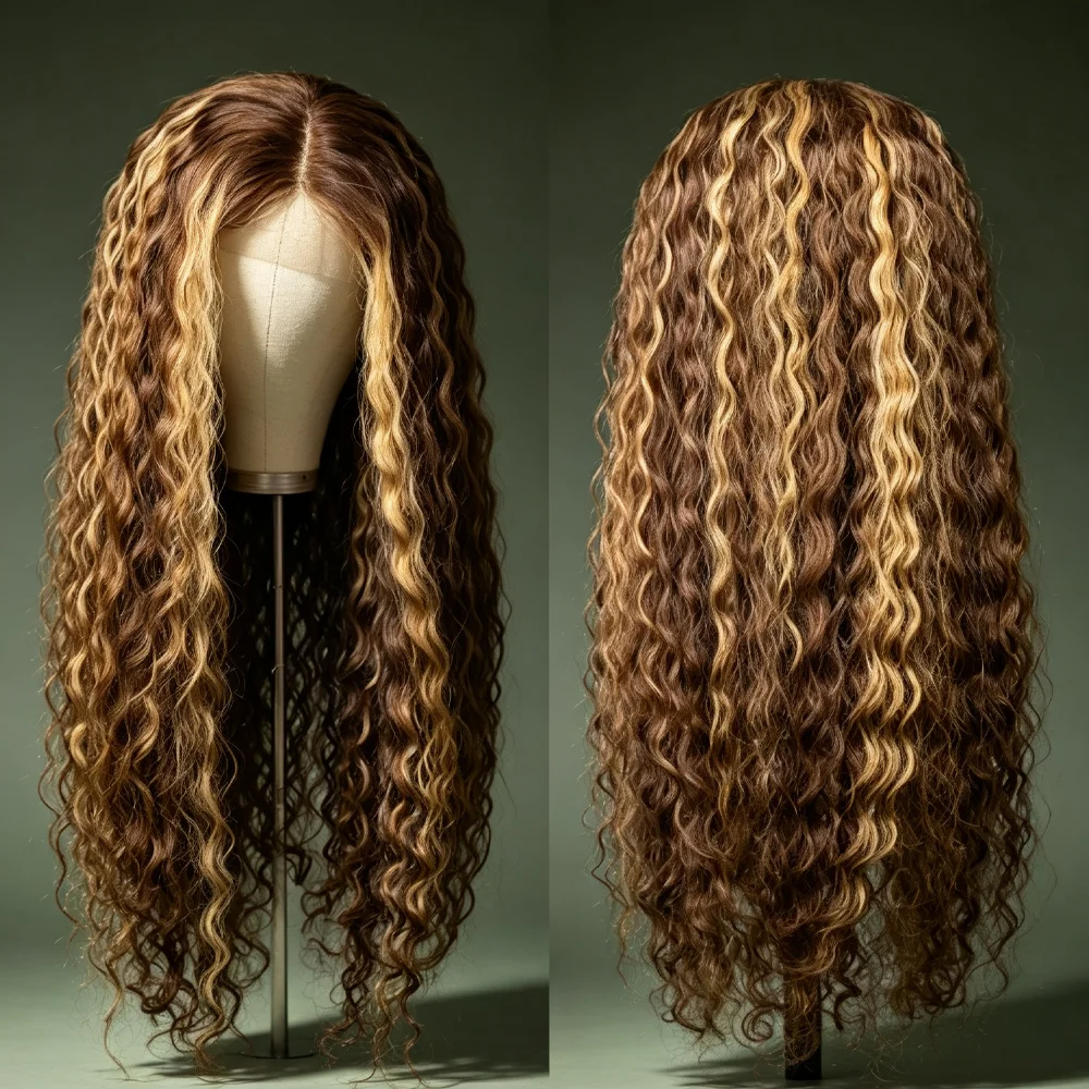 Water Wave Human Hair Wig for Women 200 250 Density 4/27 Highlight 13x4 HD Lace Frontal Human Hair Wig 5x5 HD Lace Closure Wig image 4