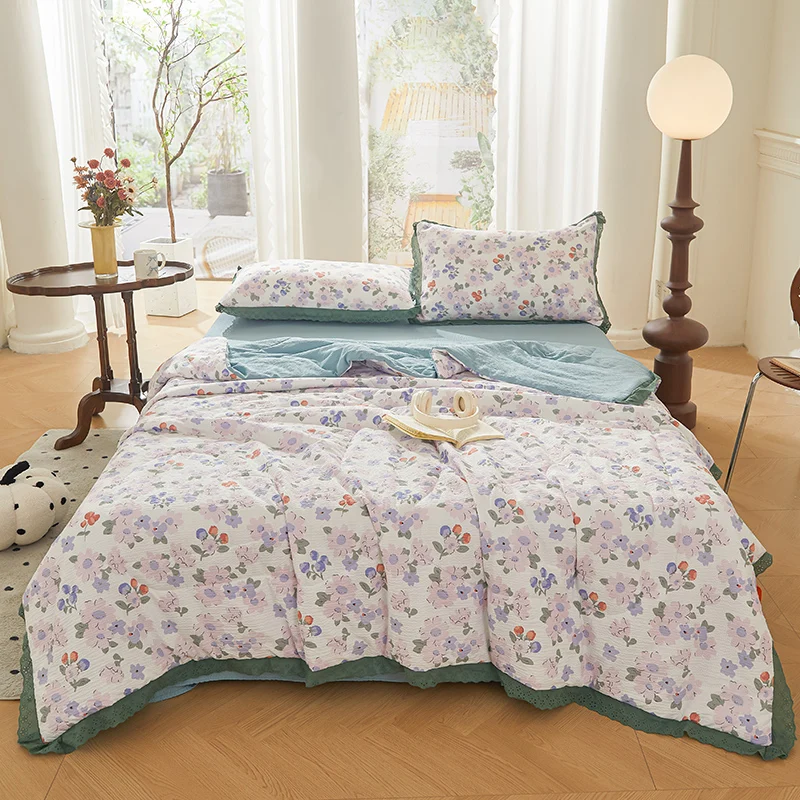 

Simple Flowers Pattern Quilt Summer Light Cool Comforter Multi-purpose Home Office Nap Quilt Air-conditioning Blanket Washable