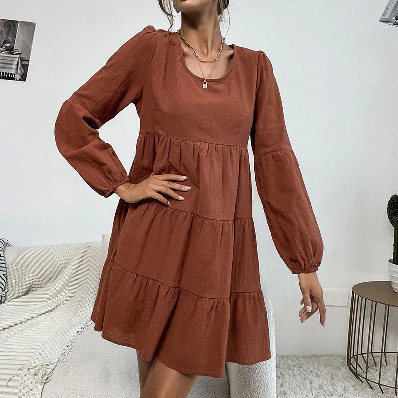 

Station New Women's Clothing 2025 New Cake Draped Dress Long Sleeve Loose Cotton and Linen Dress