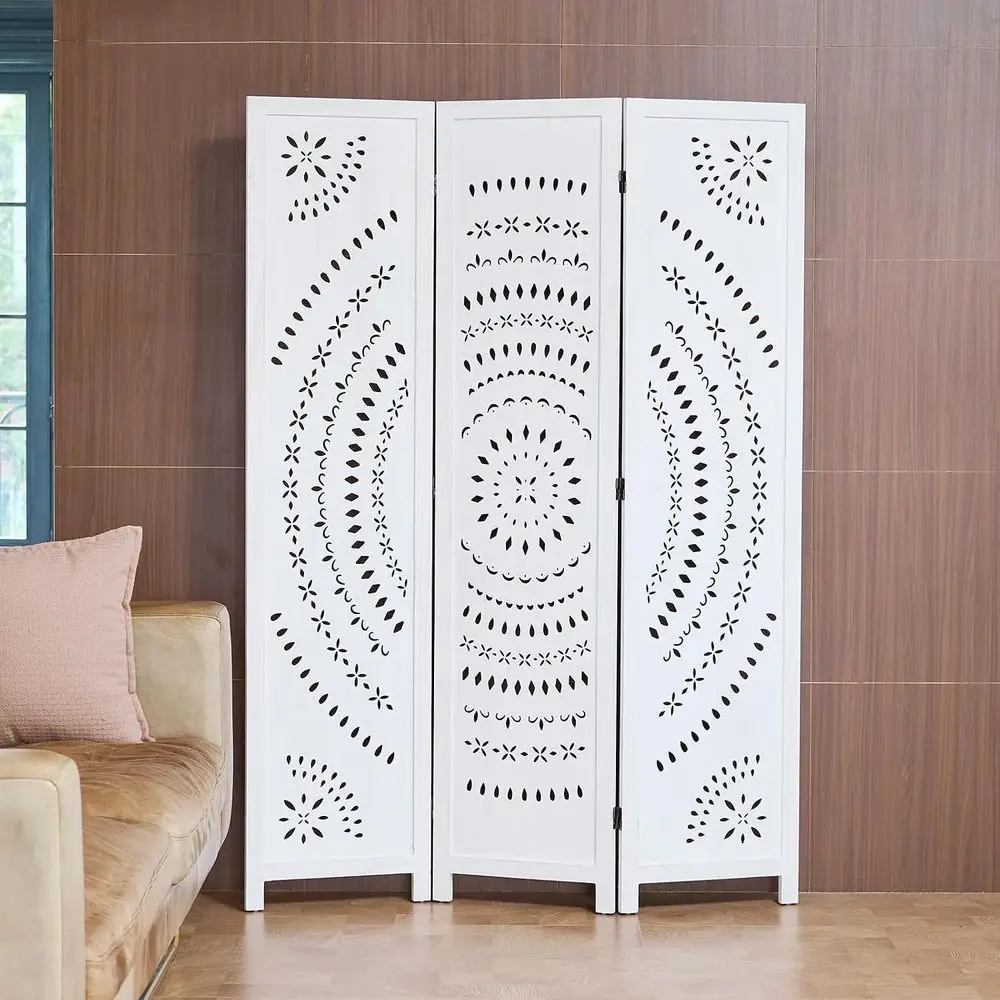 Whitewashed 3-Panel Wooden Carved Room Divider, Privacy Screen for Home, Office, Restaurant, or Bedroom