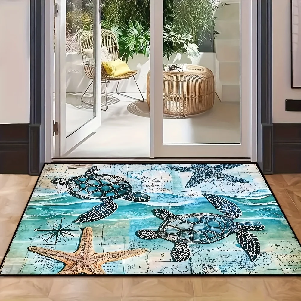1pc Sea Turtle Ocean-Themed Non-Slip Door Mat Blue Teal Design with Starfish Compass Use Perfect Bedroom Entryway Office Decor