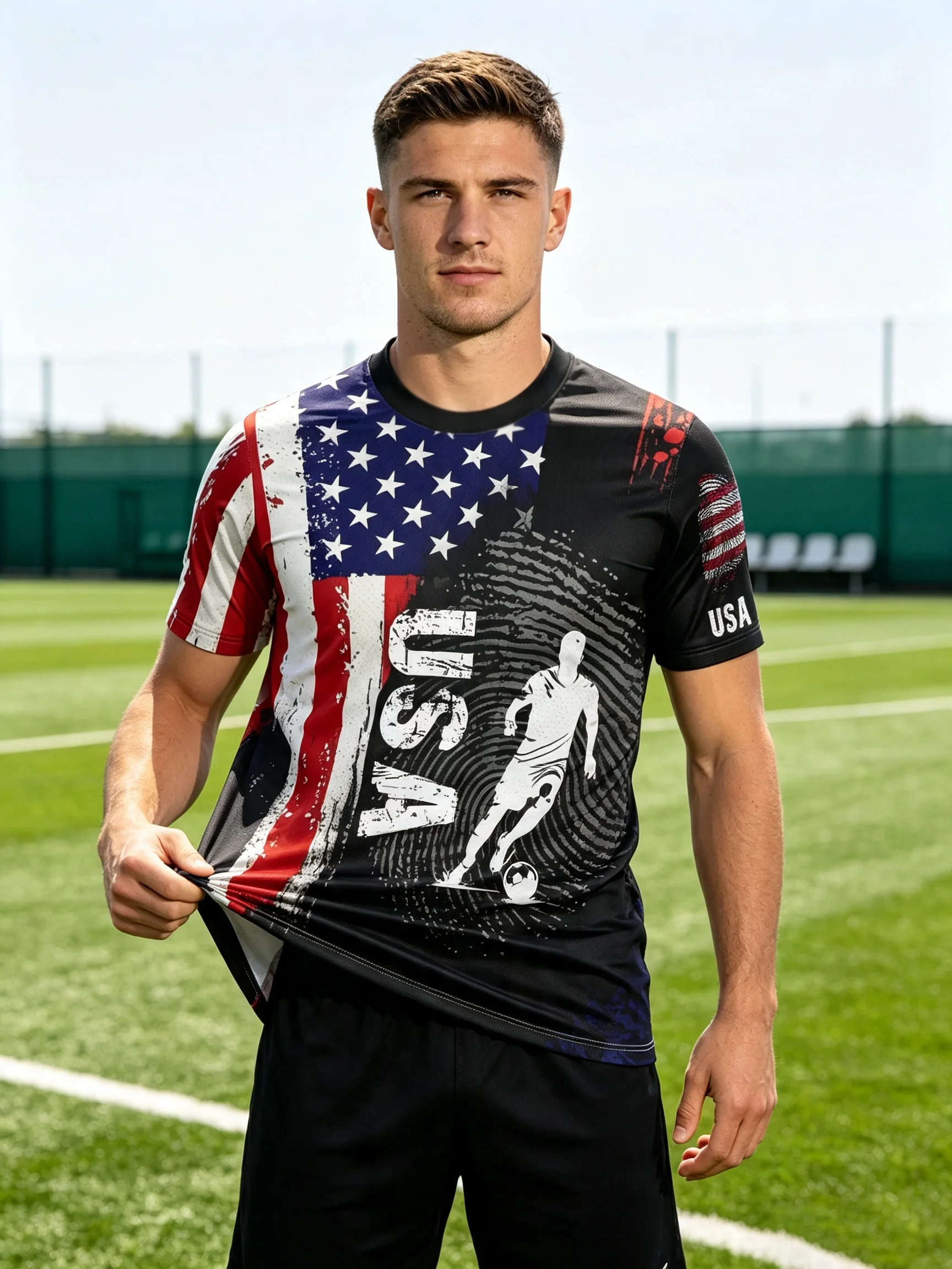 USA soccer jersey,distressed flag splice,fingerprint texture,player silhouette,quick‑dry,multiple collar styles