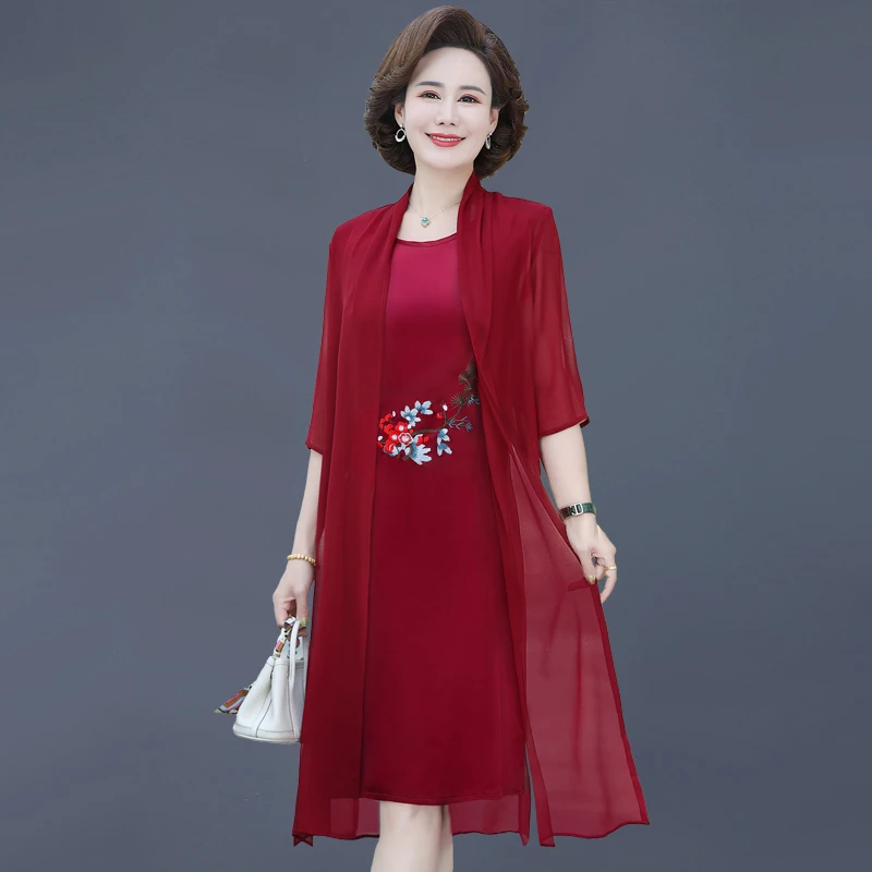 Summer chiffon embroidery 2 Piece Set Dress Cardigan Women XL- 5XL elegant Party Midi Dresses Elegant Vintage Robe Female