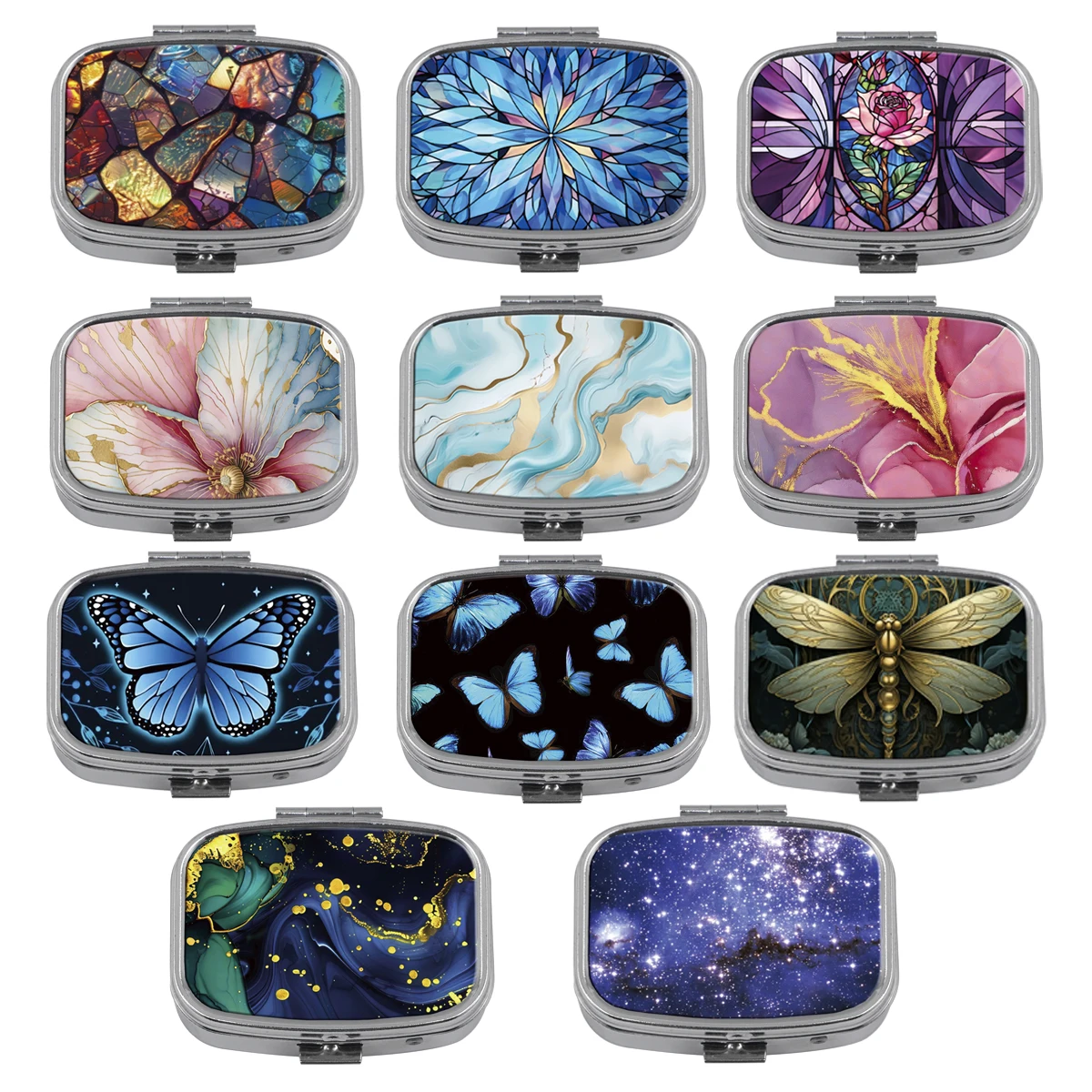 Stained Glass Butterfly Pill Box Portable Metal Pill Case with Mirror Starry Sky Design for Travel Purse Medicine Storage Gifts