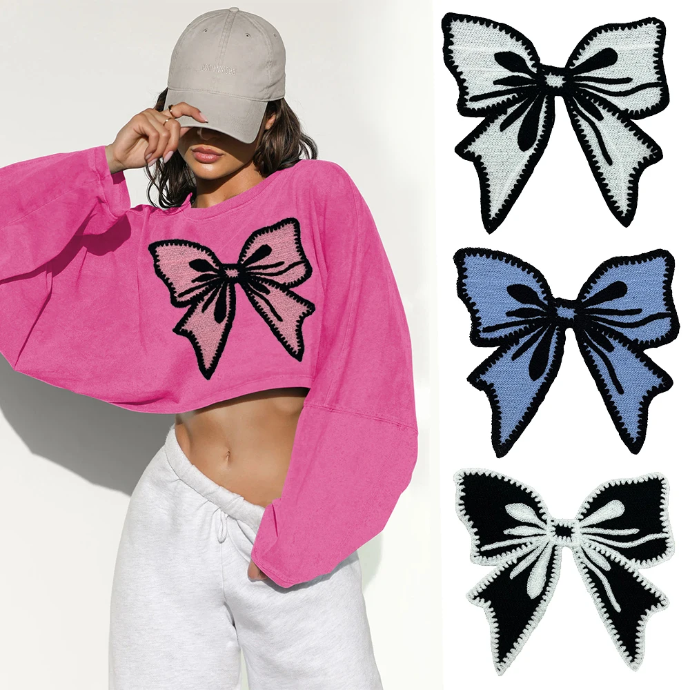 fashion Large Bow Tie Embroidery Patches for Clothing Sew on Clothes T-shirt Appliques Badge Stripe Sticker Accessories