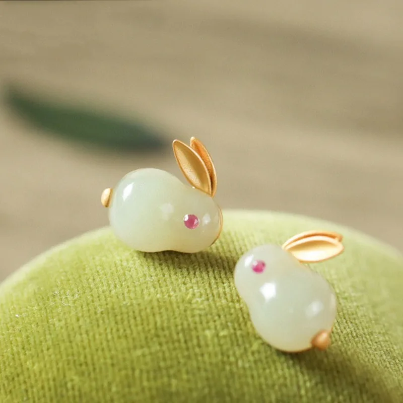 Jade Rabbit Set Imitation Natural Hetian Jade Ring, Ancient Gold Inlaid Chalcedony Rabbit Necklace Cute Rabbit Stud Earr