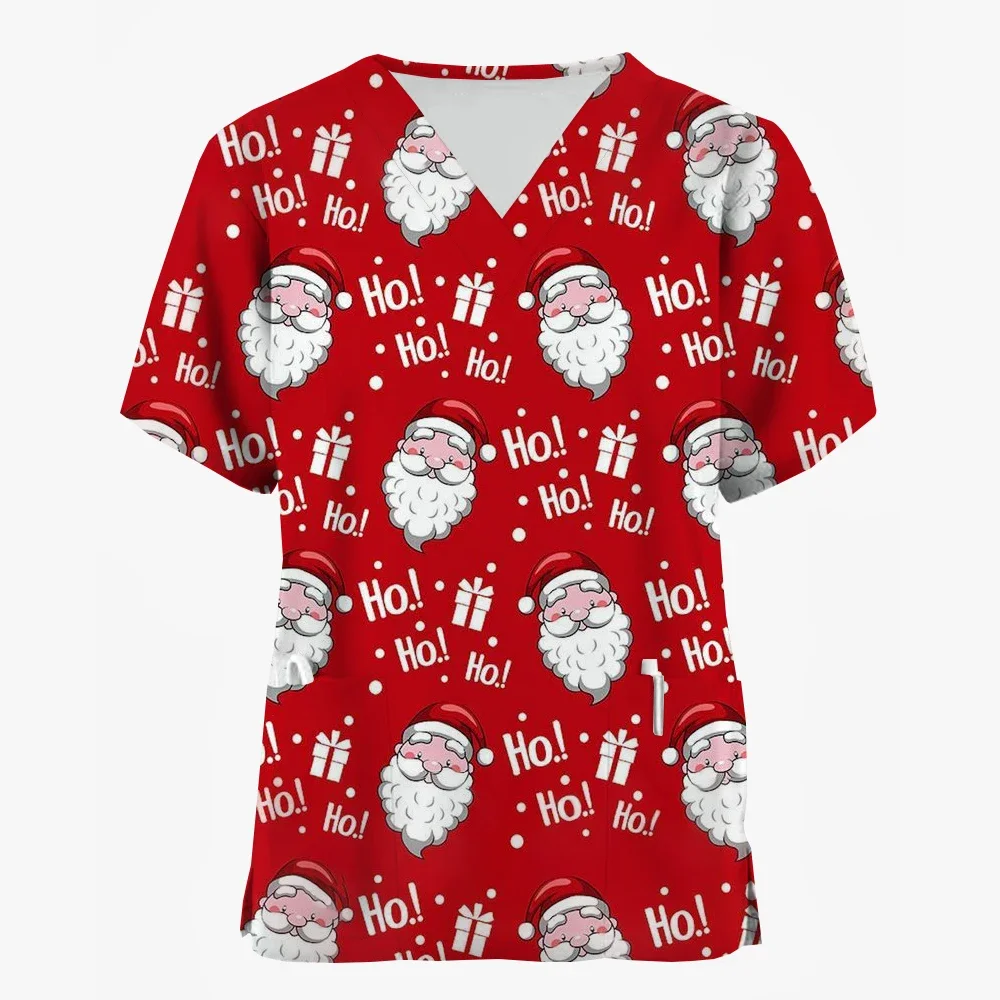 Natal médico esfrega para mulheres padrão dos desenhos animados impressão enfermeira dentária topos moda com decote em v manga curta uniforme clínico mulher