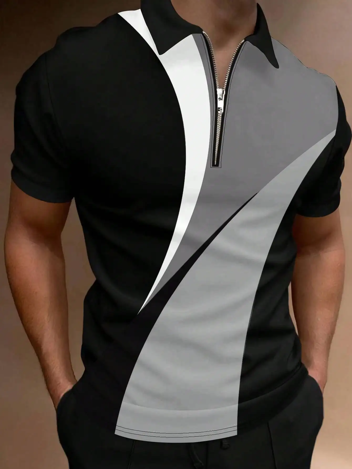 

Men's Half-Zip Color Block Short Sleeve Polo Shirt, Modern Geometric Design