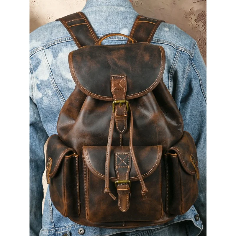 Leather Backpack Premium Top Grain Genuine Leather Casual Shoulder Bag, Large Capacity