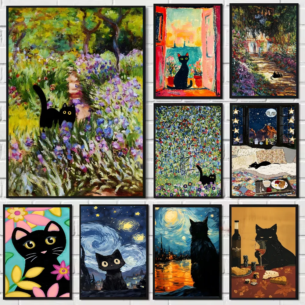 Funny Art Matisse Monet Black Cat Poster HD art sticky wall waterproof home living room bedroom bar aesthetic decoration