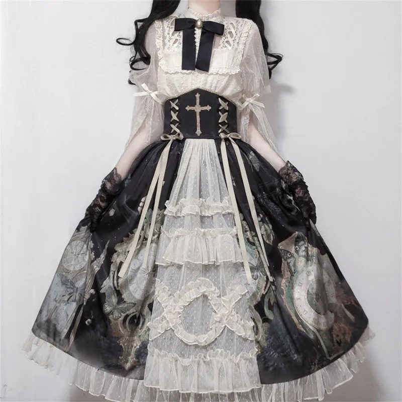 Retro Gothic Lolita Dress Victorian Medieval Lace Bow Tie Blouse+skirt Vintage Corset Cross Setprincess Dress Halloween Costume