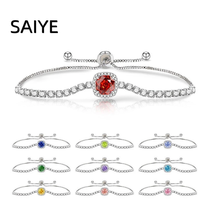 925 Sterling Silver Adjustable Slider Tennis Bracelet for Women Cushion Cut Multi Color CZ Halo Pull Chain Bracelet Jewelry Gift