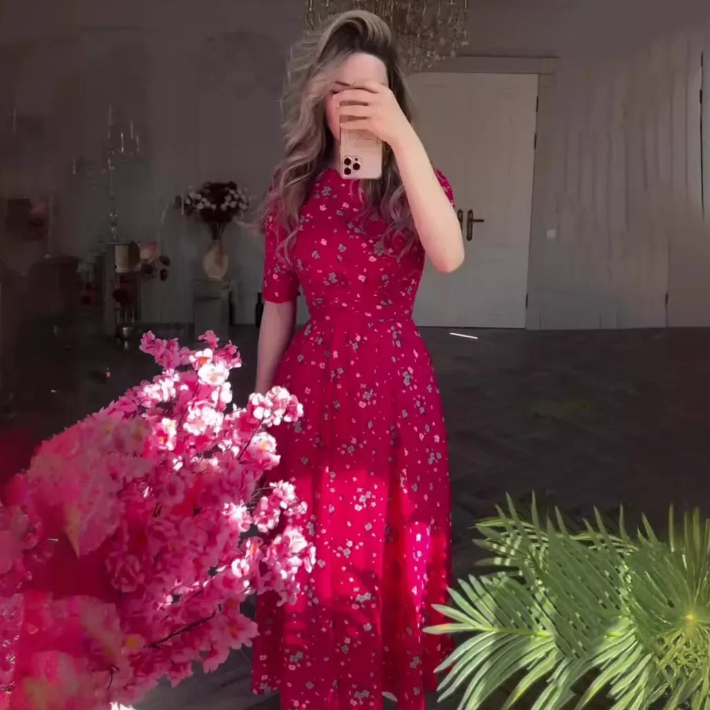 Herbst Frauen Fünf Viertel Hülse Gedruckt Französisch Temperament Oansatz Lange Kleid Sommer Chic Street Lady Outfit