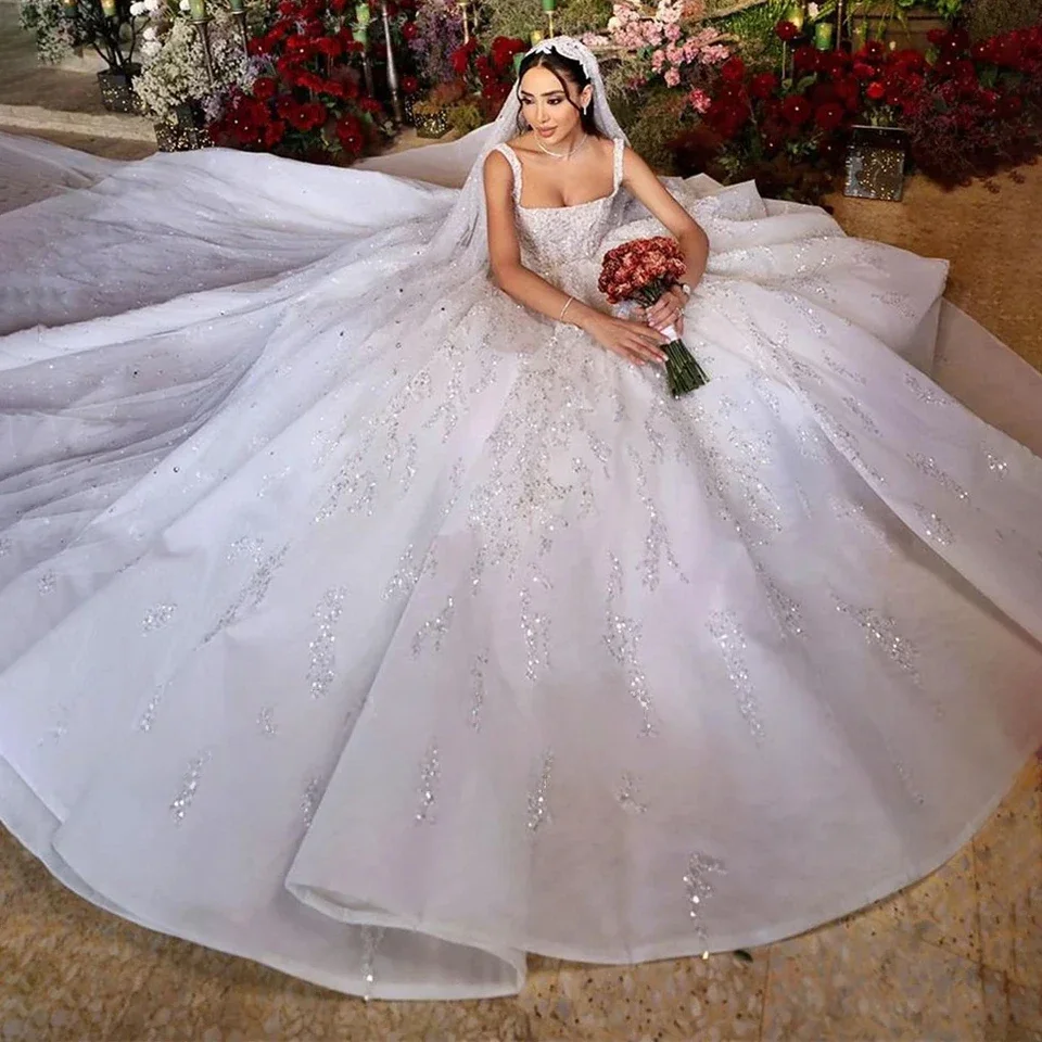 Customized Luxury Dubai White A-Line Appliques Wedding Dress  Princess Glitter Sequins Women Bride Gowns Vestidos De Novia