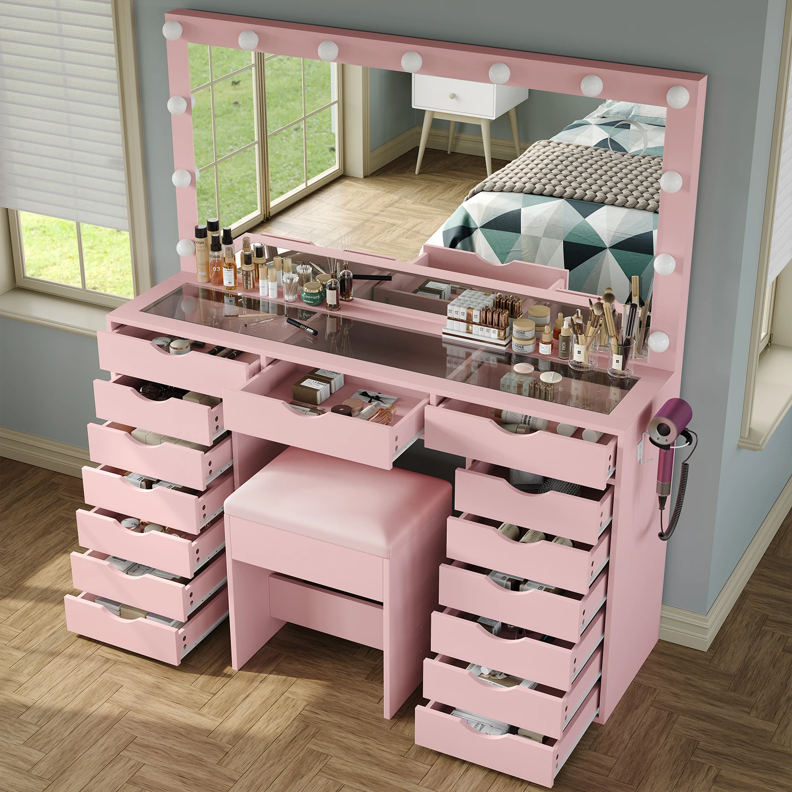 Large Capacity Vanity Desk Set with LED Lighted Mirror, 3 Adjustable Lighting Brightness, Ample Drawers & Storage Shelving, Scratch-Resistant Clear Tempered Glass Desktop with USB Charging Port