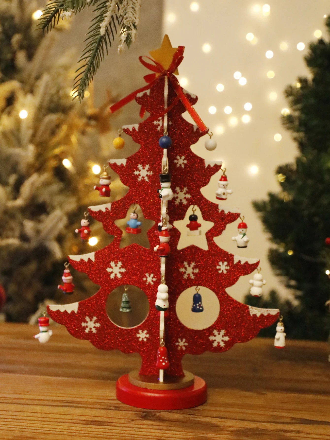 Hand Wooden Mini Christmas Tree Ornament snowflakes snowman hanging ornament Festive Tabletop Holiday Decor Table Centerpiece