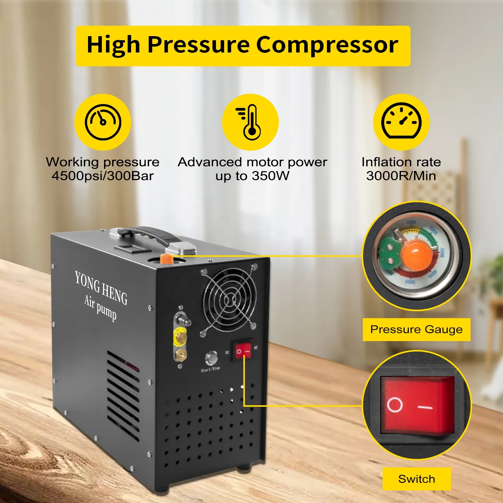 Yongheng Manufacturer Direct Sale 12V 110V 220V High Pressure 300bar 4500psi Auto Stop 30mpa Air Pump Compressor For Snorkeling