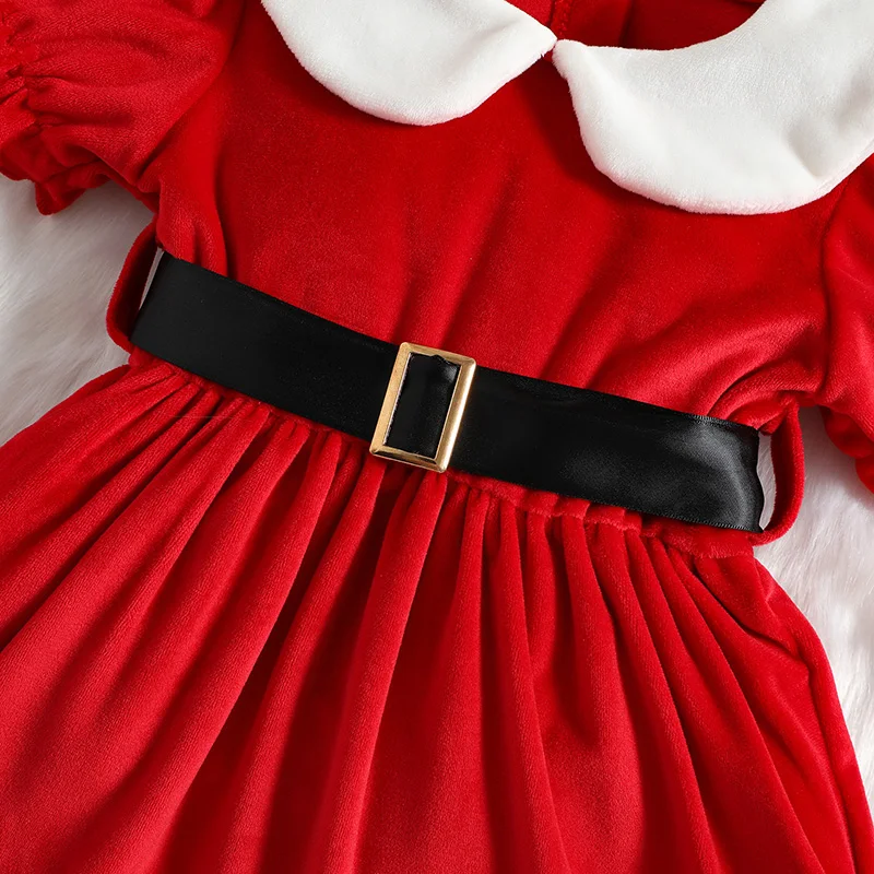 0-4Y Toddler Baby Girl Christmas Dress Santa Claus Dress Red Velvet Long Sleeve Tulle Princess Dress with Headband Outfit