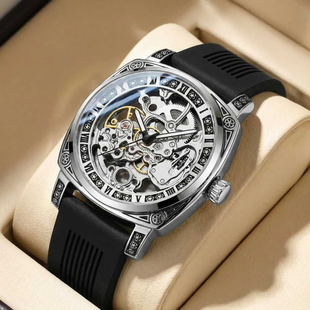 

1pcs Men's silver dial silicone strap vintage fashion skeleton gear luxury details Mechanical Watch for daily business party hol
