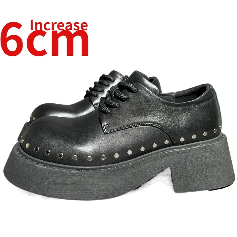 

Original Rivet Design Shoes for Men Genuine Leather Derby Shoes Increased 7cm Thick Platform Elevated Casual Leather Shoe