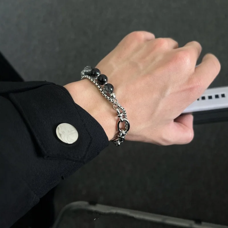 

Hip-hop Titanium Steel Bracelet Double-layer Chain Design Cracked Ice Bead Accents Men Women Hand Accessory Punk