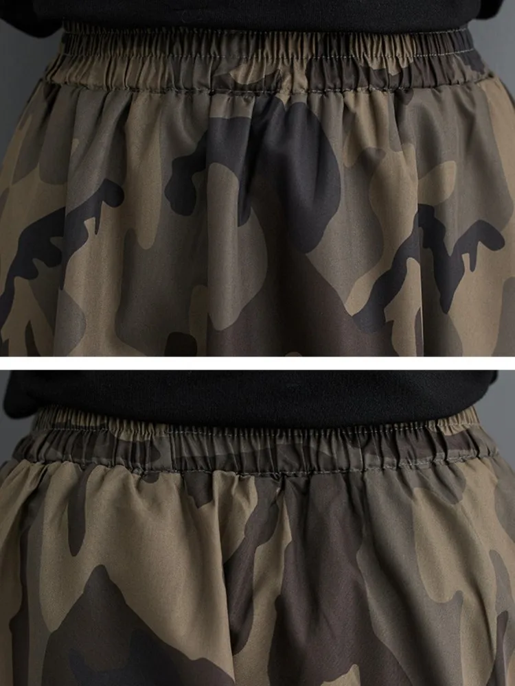 المتضخم الربيع الصيف التمويه تنورة طويلة المرأة الكورية فضفاض كشكش موديس ألف خط تنورات للسيدات عالية الخصر امرأة تنورة #5