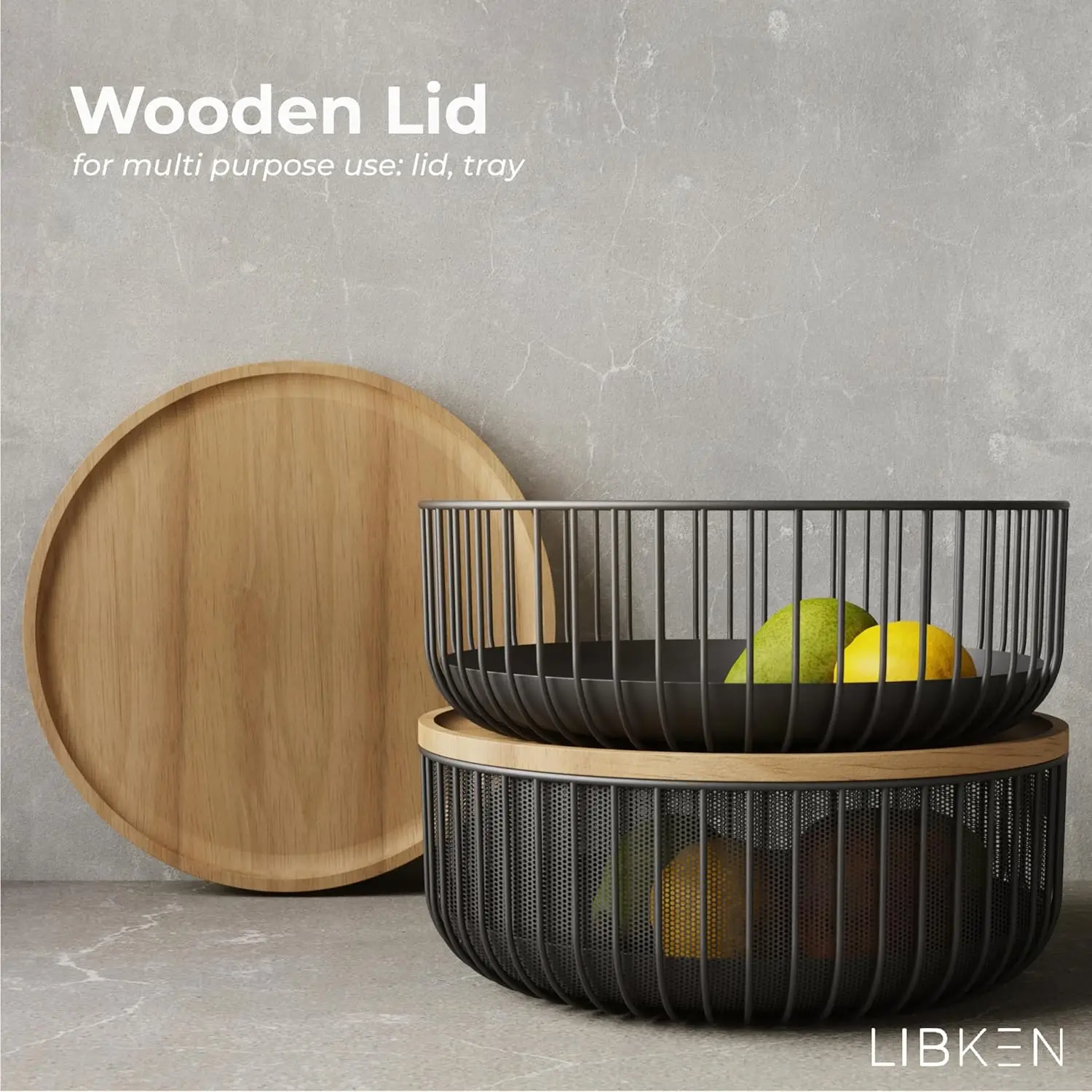 Metal Wire Mesh Fruit Basket with Wooden Lid Fly-Proof Design for Indoor Storage Black