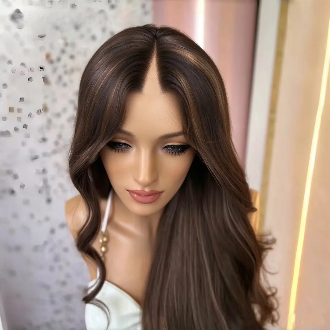 Highlight Dark Brown Loose Wave V Part Wig Remy Virgin Human Hair Long Body Wave U Shape Wigs with Clips&Combs for Women 250%