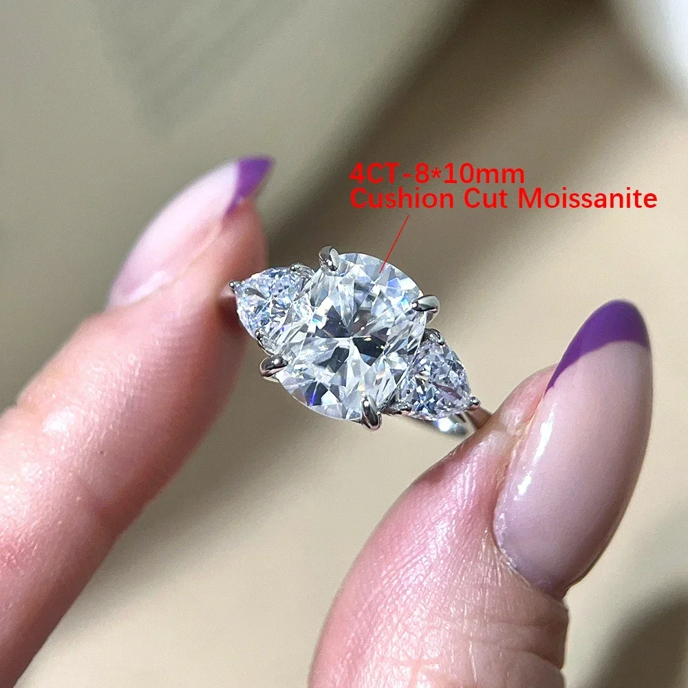 FCGJHW 4Carat Cushion Moissanite Ring Pure S925 Silver For Women 3-Stone Triangle Side Diamond Wedding Band Jewelry Gift 2026
