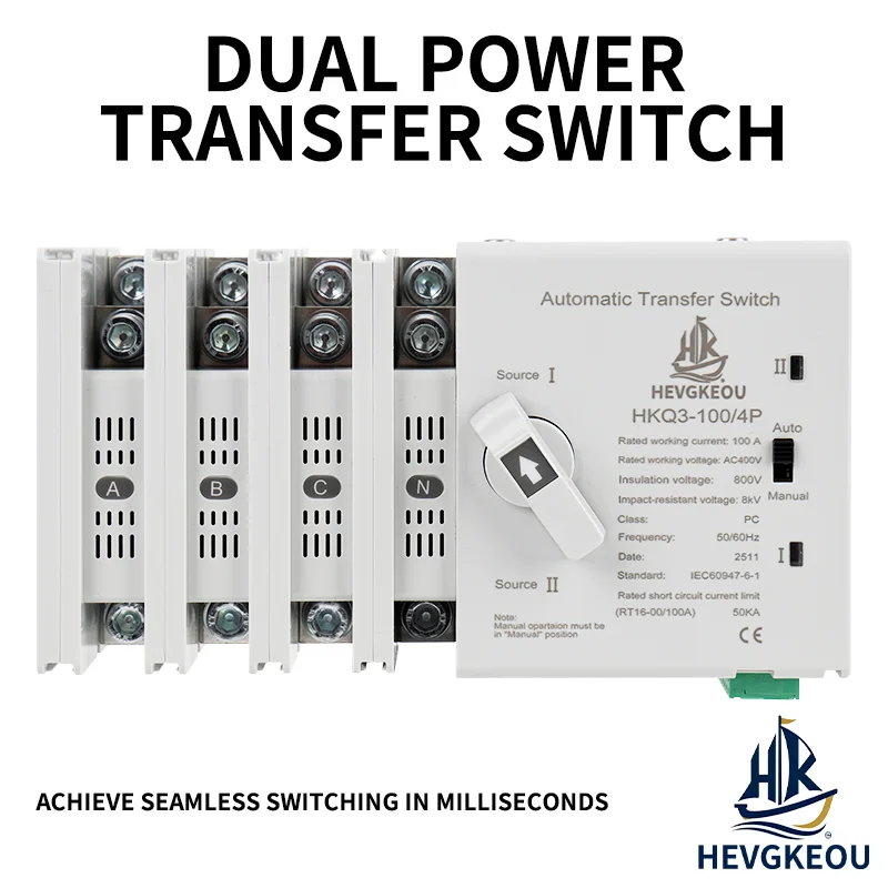 4P Automatic Transfer Switch (ATS) 4P 100A 400VAC Dual Power Changeover Switch Auto/Manual for Uninterrupted Power CE Certified