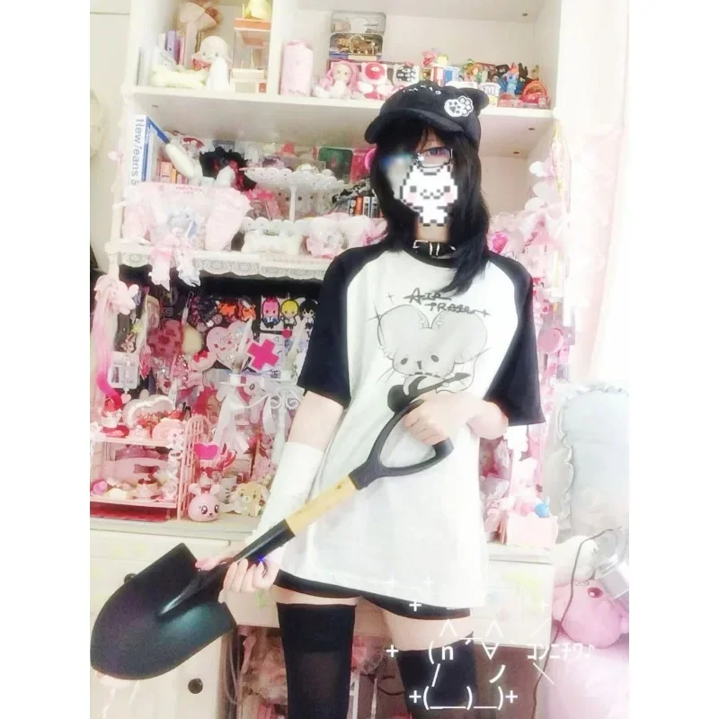 Casaul Maglietta Bianca Donna Harajuku Sottocultura Estate 2024 Magliette Allentato Cosplay Kawaii Carino Y2k Cartoon Stampa Pantaloncini Manica Magliette E Camicette