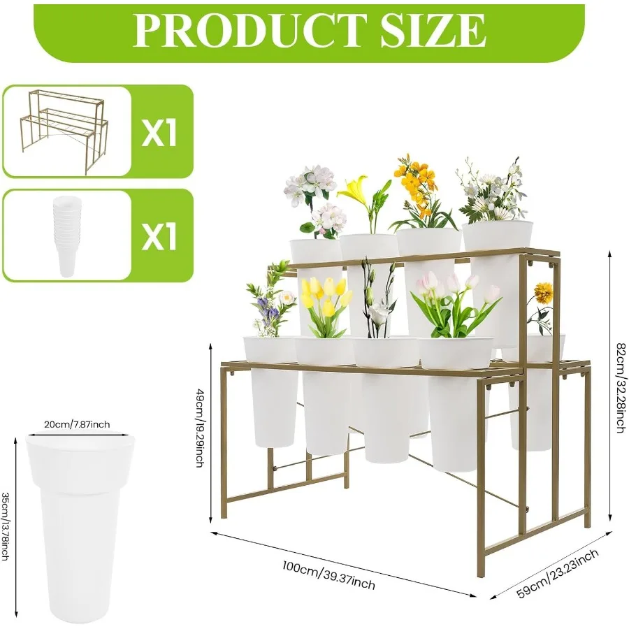 حامل عرض الزهور مع 12 دلو وعجلات لمتجر الزهور بتصميم على الوجهين بإطار ذهبي ودلاء مستديرة بيضاء مثالية
