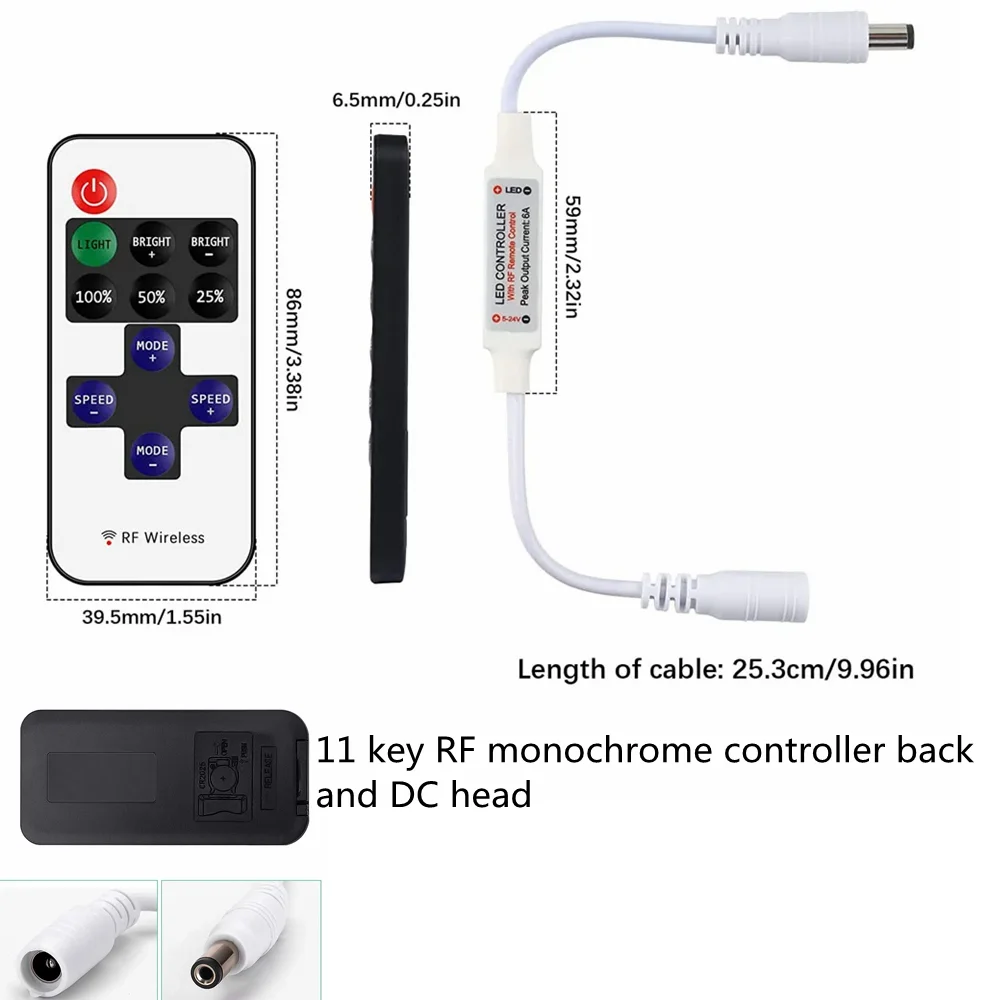 Mini11Keys RF Monochrome Controller Wireless LED Remote Control LED Dimmer DC Cable DC5-24V