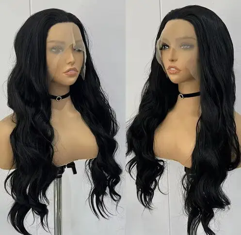 Perucas sintéticas pretas de renda para mulheres, cabelo comprido, corpo ondulado, fibra resistente ao calor, peruca sem cola, uso diário, cosplay