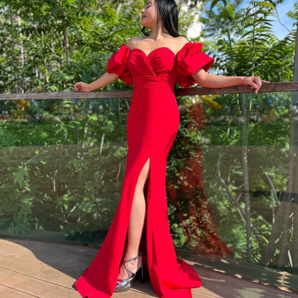 

Carolina Off Shoulder Puff Sleeves Evening Dresses Women High Split Satin Mermaid Red Wedding Guest Elegant Formal Party Gowns